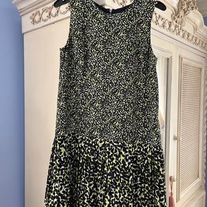 Loft black/green cheetah print dropped pleated waist dress, size 2
